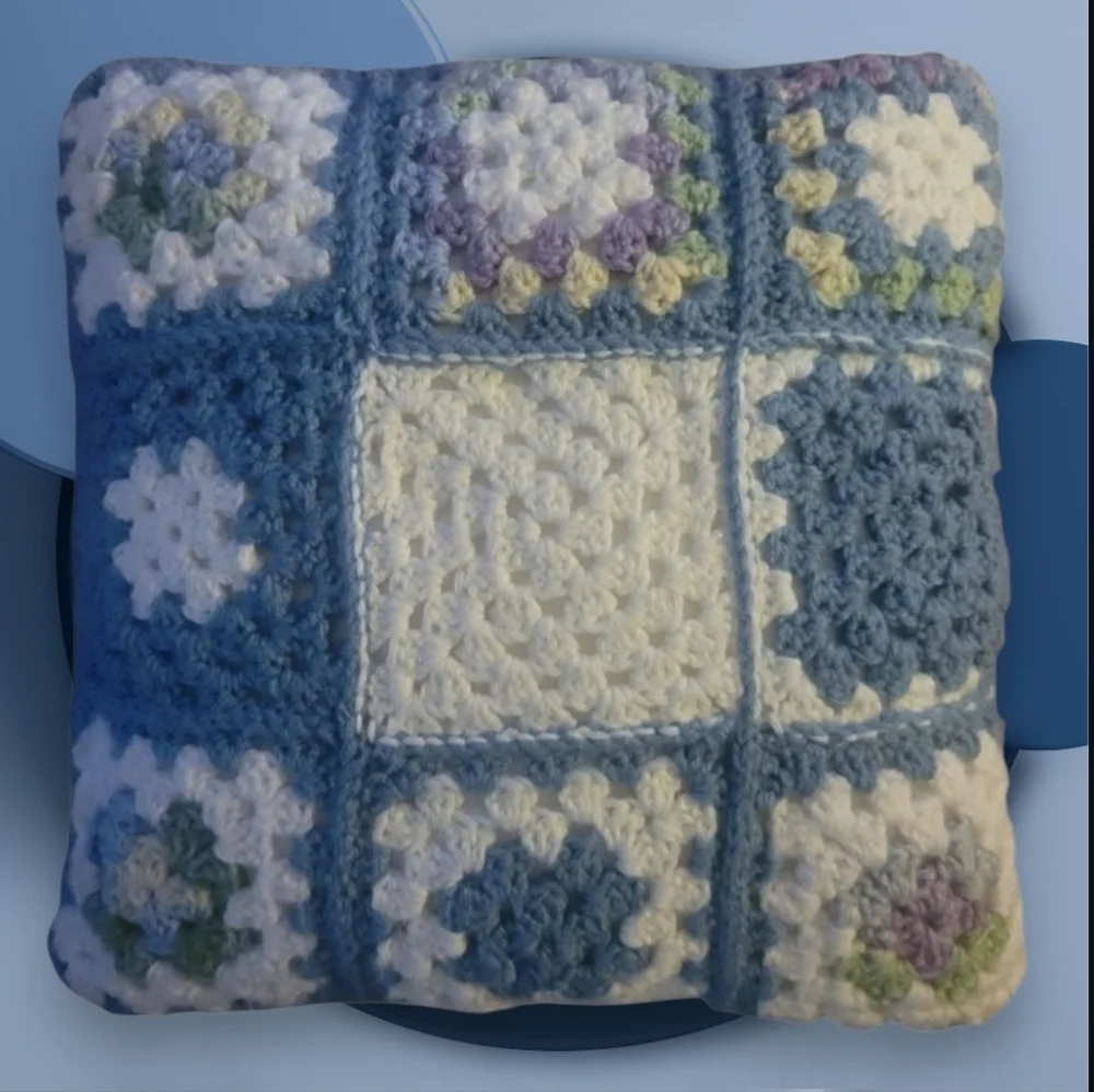Crocheted Granny Square Pillow Vibrant Colors Decorative Cozy 13.5" Sq. - Picture 7 of 7